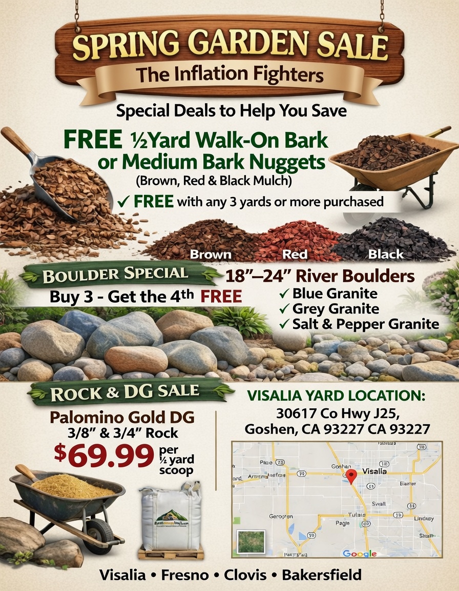 Spring Garden Sale - Bulk landscape rock, boulders, and decomposed granite deals in Visalia